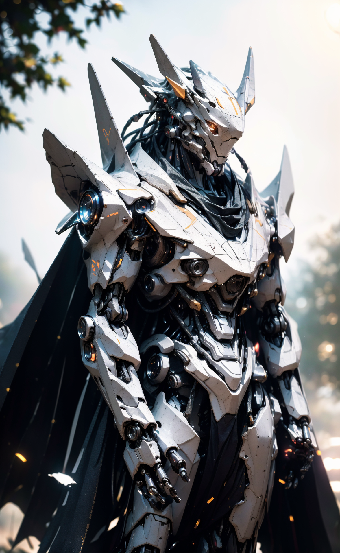 26072285-951655291-cgmech, (realistic)_solo, white mecha robot, cape, science fiction, torn clothes, glowing, standing, robot joints, mecha, armor,.png